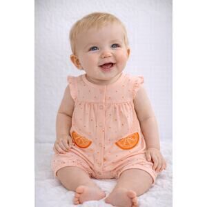 NWT Carter’s Baby Girl Peach Polka Dot Romper with Orange Slice Pockets Size 9M